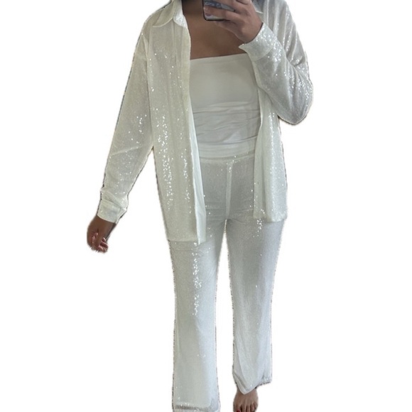 Forever 21 white sequin button up & pants set - Picture 1 of 6